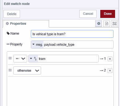Screenshot of the Switch node checking if the vehicle type is tram or not